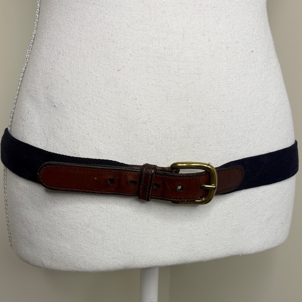 Vintage Brown and Navy Belt with Brass Buckle. Fabric & Leather. 36